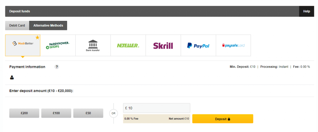 Betfair allows us to deposit funds using a variety of different methods.