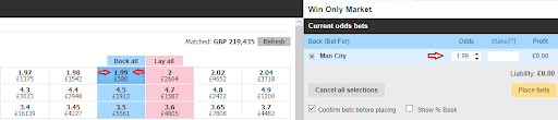 Betting slip with matched bet at Betfair exchange