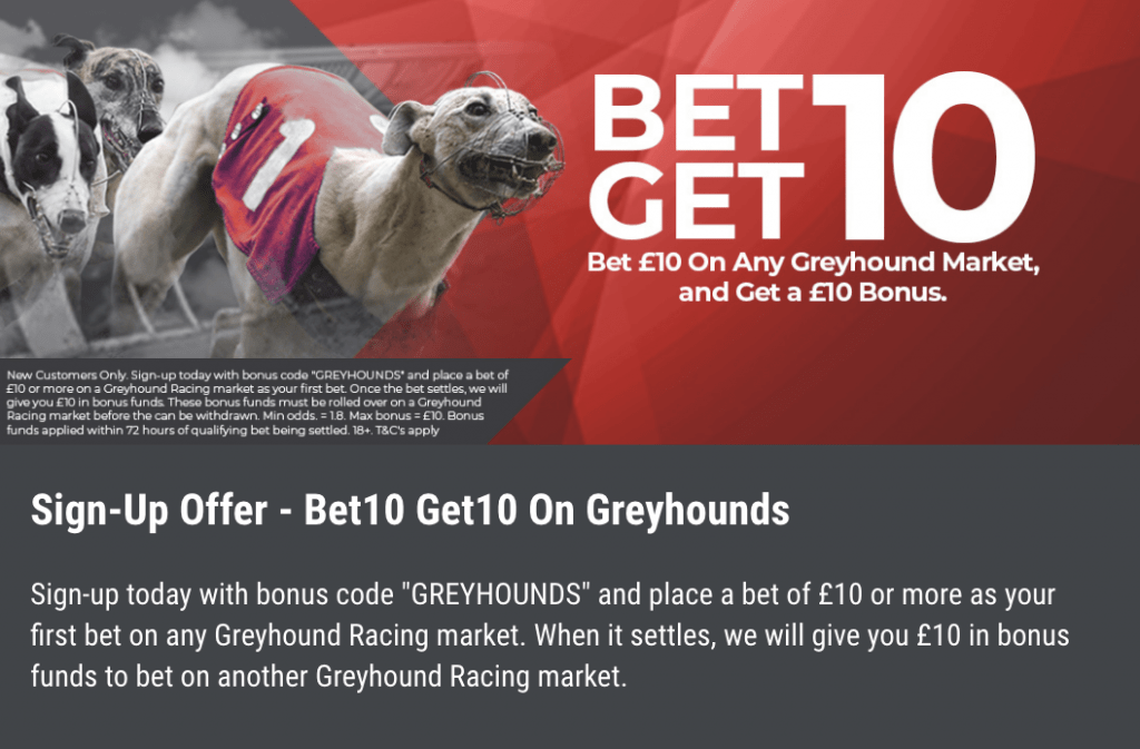 Matchbook Sign Up offer on Greyhounds bet £10 get £10 banner