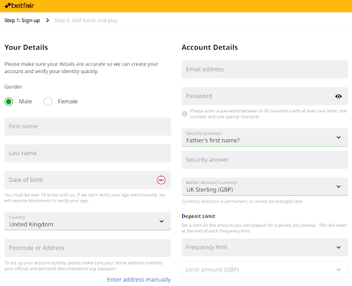 Registration form on betfair 