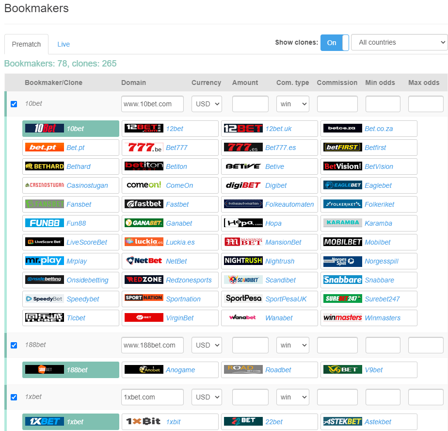 Betburger works with a plenty of bookmakers