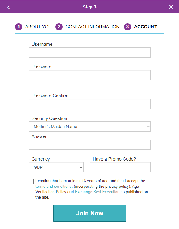 Betdaq registration - Step 2, username and password