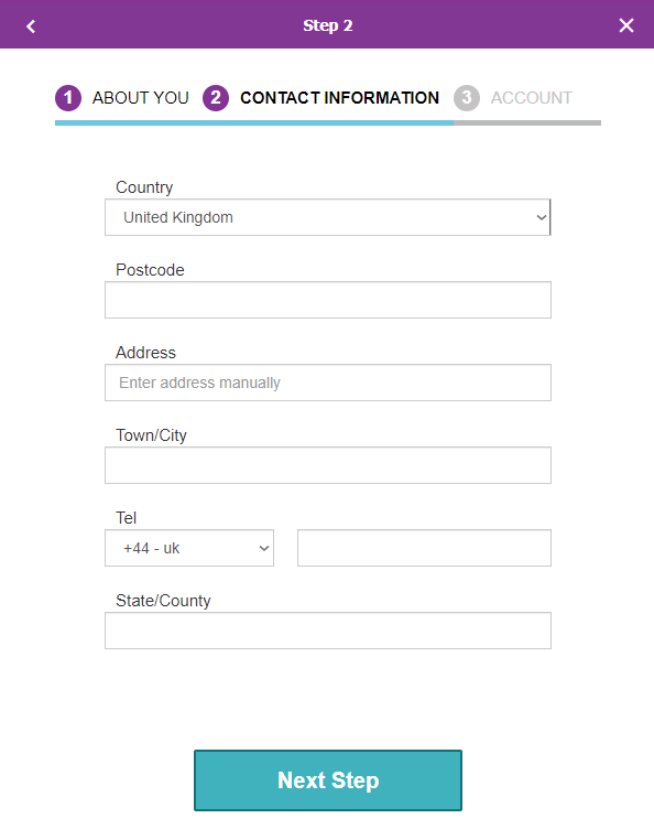 Betdaq registration - Step 2, contact info