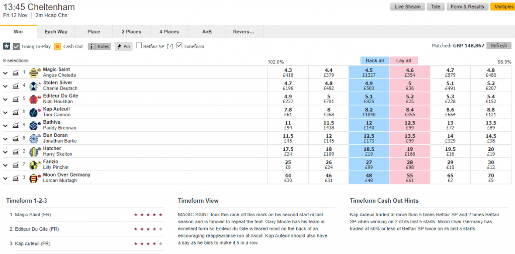 Horse racing market on Betfair