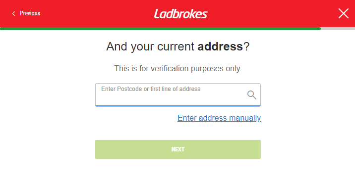 Registration at Ladbrokes - enter your address (step 6)