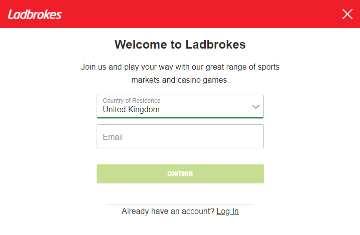Registration at Ladbrokes - pick your country (step 1)