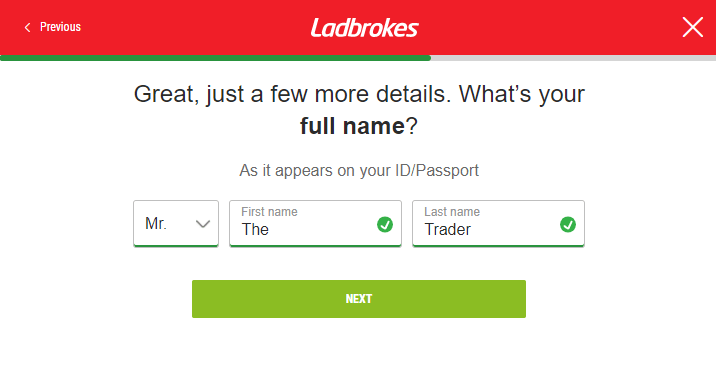 Registration at Ladbrokes - Name and Surname (step 3)