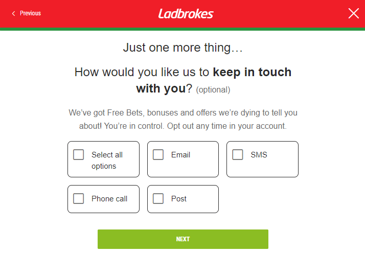 Registration at Ladbrokes - Contact information(step 7)