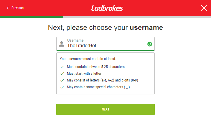 Registration at Ladbrokes - pick your username (Step 2)