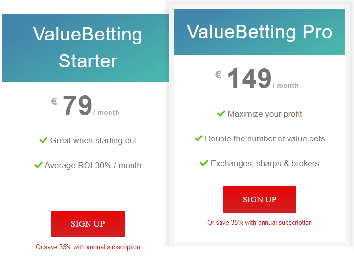 ValueBetting starter and pro pricesing