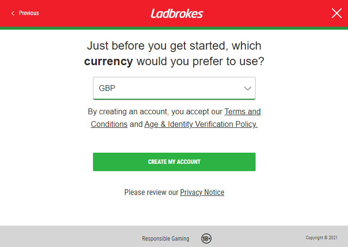 Registration at Ladbrokes - choose you currency (step 8)