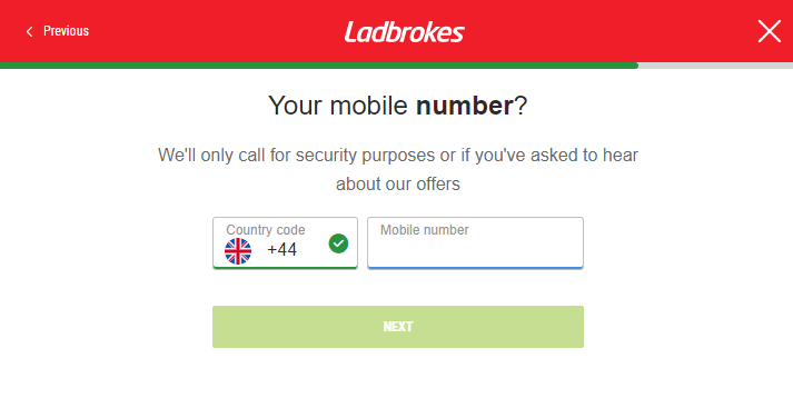 Registration at Ladbrokes - Enter your phone number (step 5)