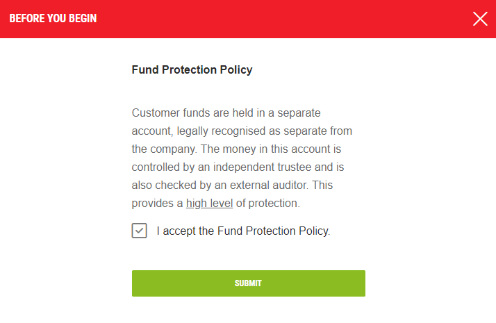 Registration at Ladbrokes - Accept Protection Policy (step 10)