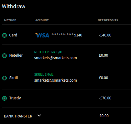 smarkets Withdrawals screen 