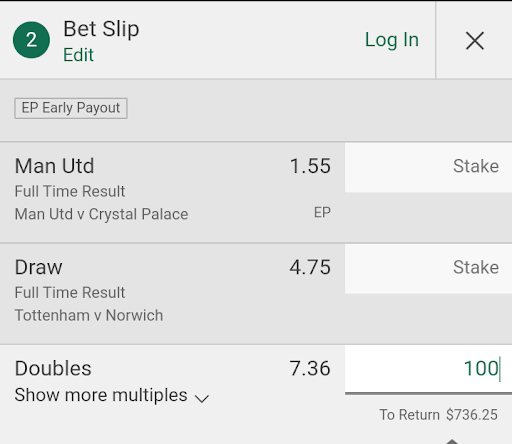 Double bet example in Premier League