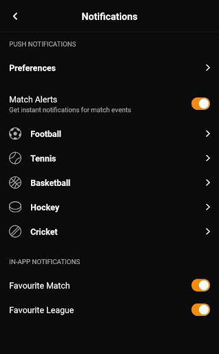 Livescore app notifications settings