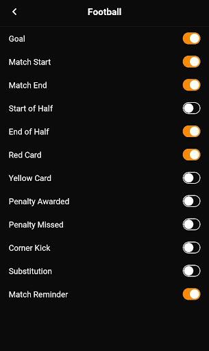 Livescore notifications options in the settings menu
