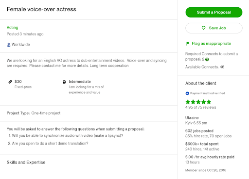 Project card on Upwork.com