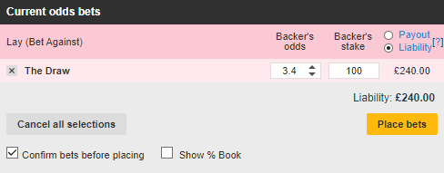 Lay The Draw WITHOUT insurance example - placing a bet