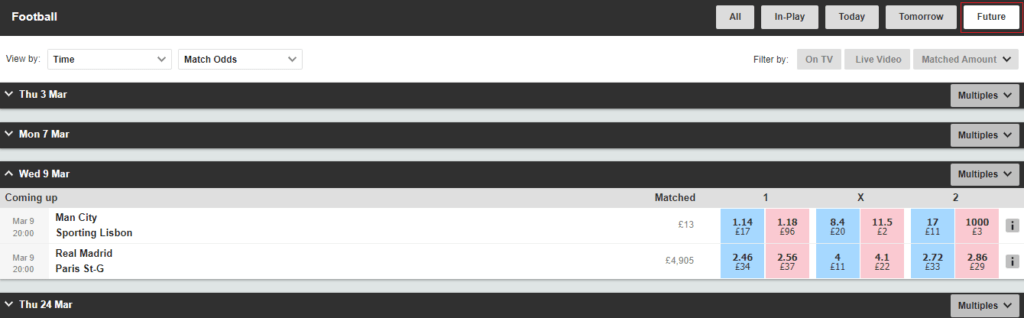 Football markets for future matches at Betfair