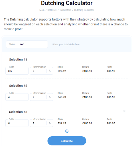 Dutching calculator on TheTrader.bet