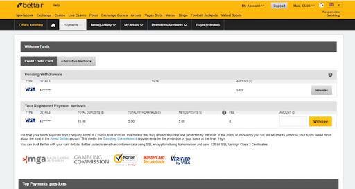 Betfair exchange payments available