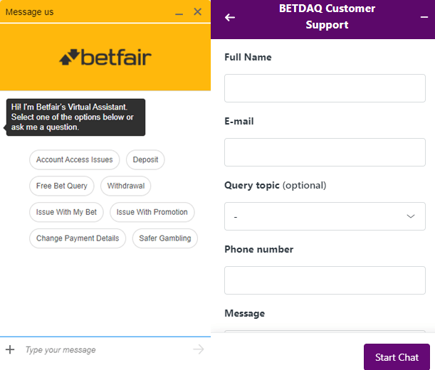 Betfair and Betdaq Exchanges support chats