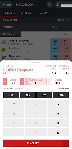 Matchbook app betting stake, odds and profit