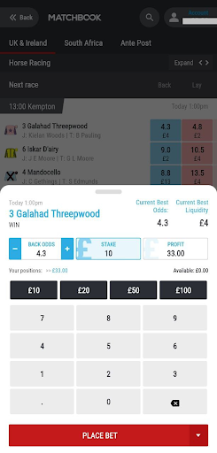 Matchbook app betting stake, odds and profit