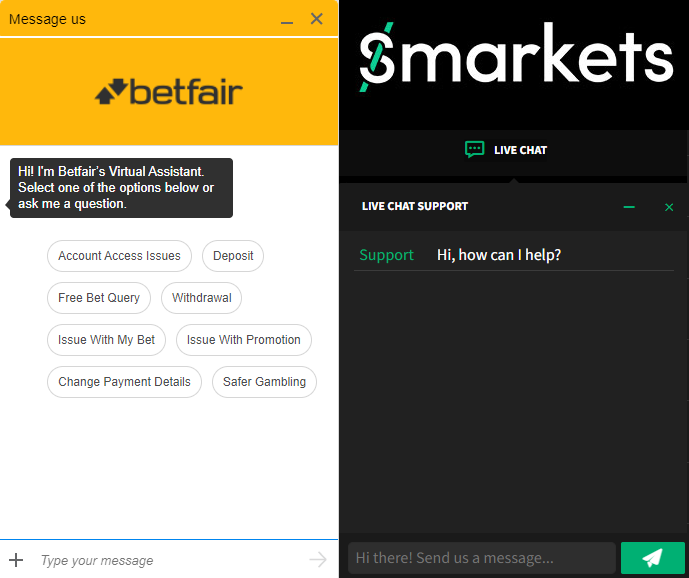 Support at Befair and Smarkets comparison
