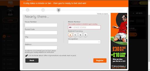 888sport registration form - second step