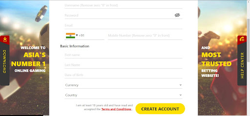 Dafabet registration step 1